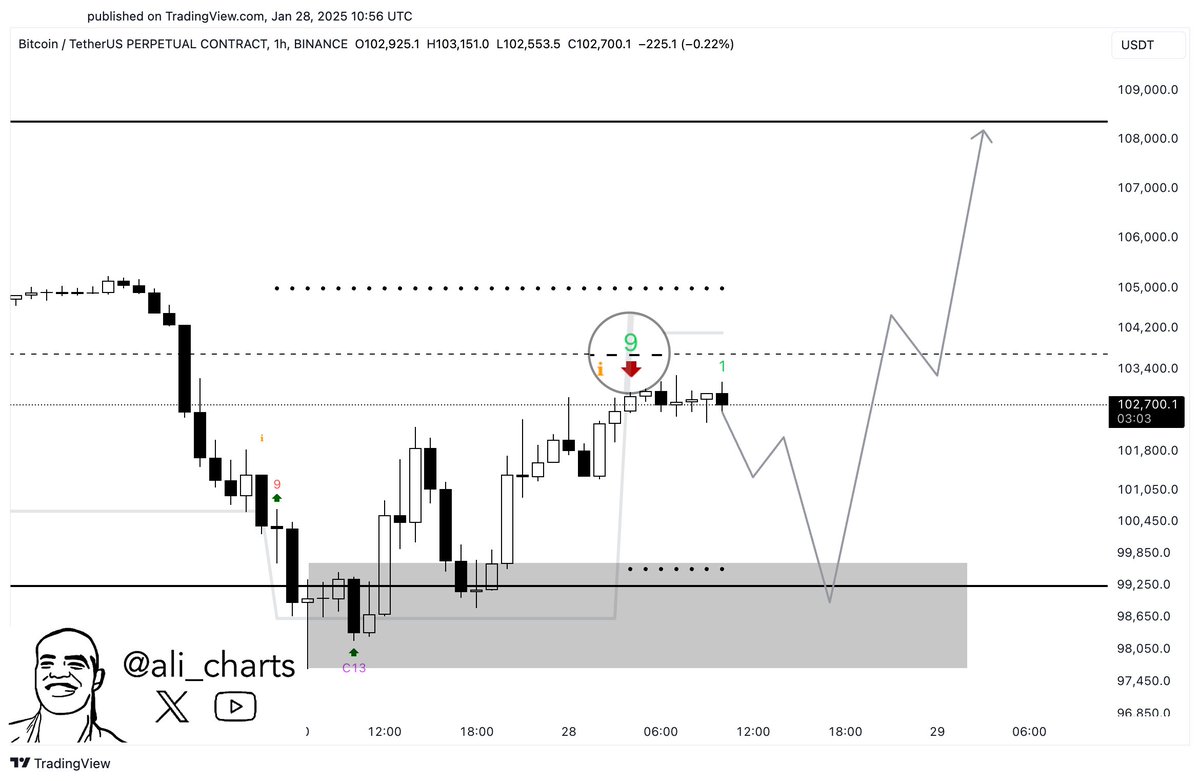 Ali Martinez'in Bitcoin fiyatına ilişkin paylaştığı grafik