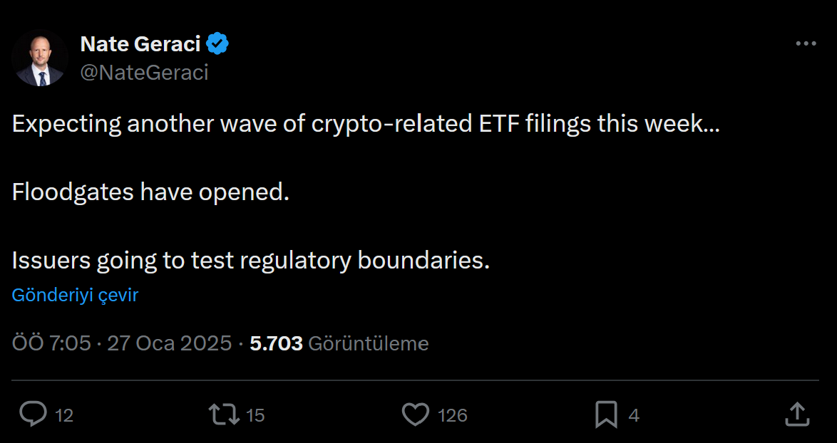 Nate Geraci'nin kripto ETF'leri hakkındaki paylaşımı 