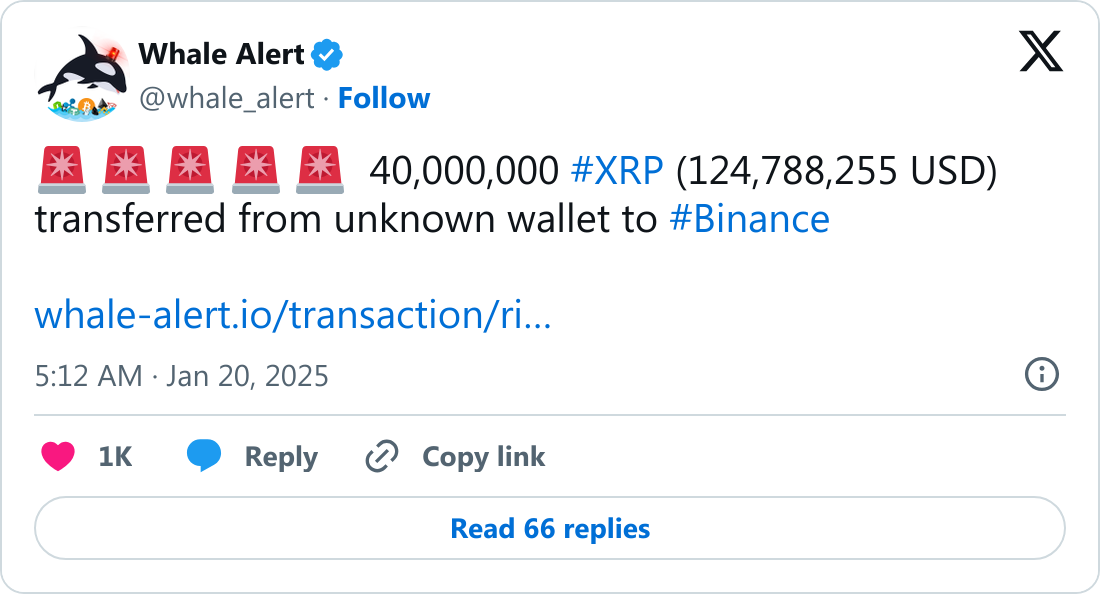 Whale Alert'ın XRP transferine ilişkin X paylaşımı