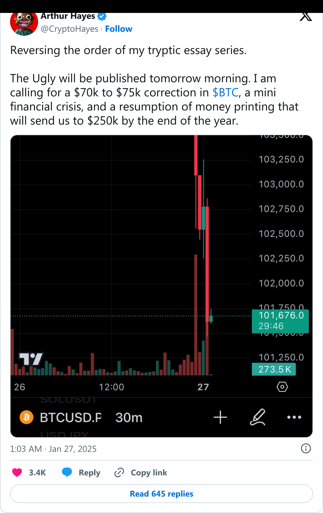 Arthur Hayes'in Bitcoin fiyatına ilişkin paylaştığı tweet.