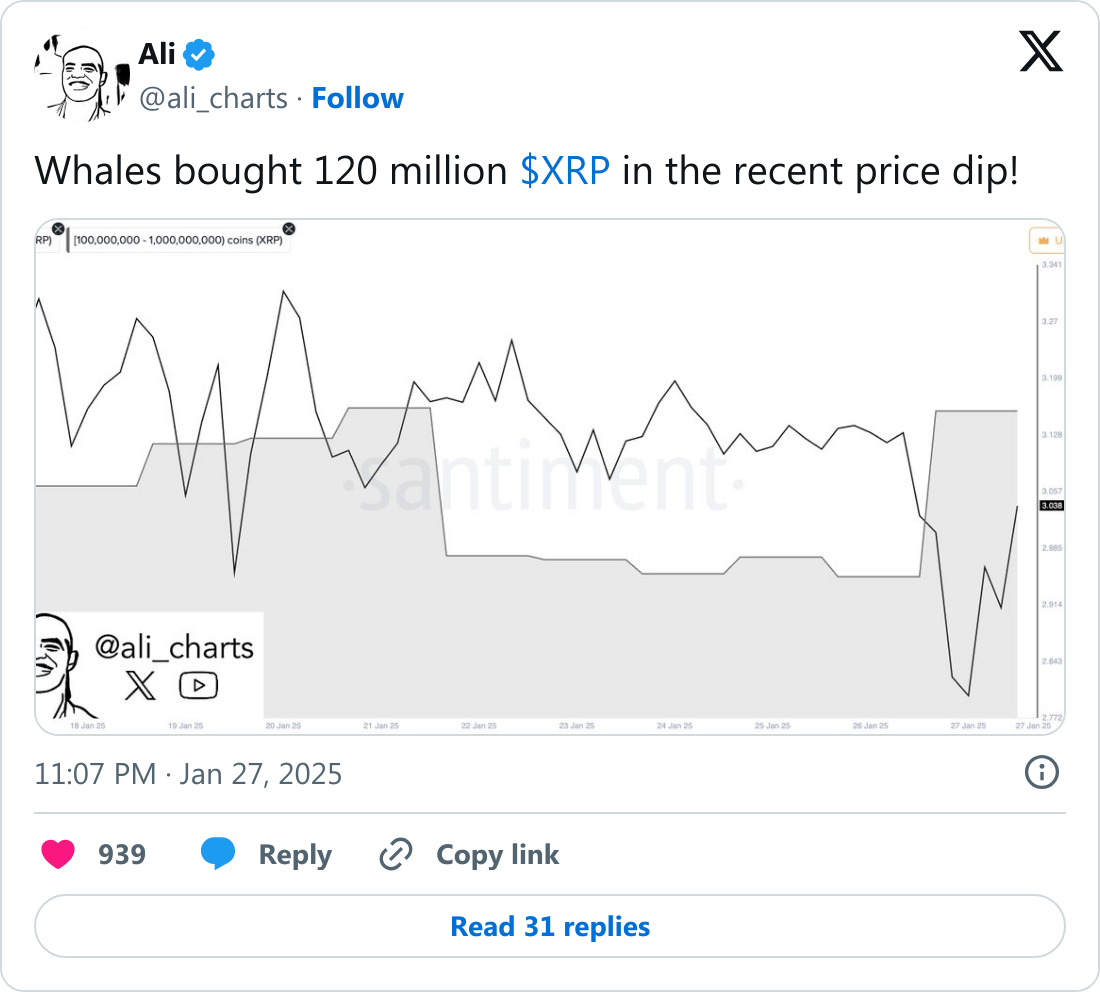 Ali Martinez'in XRP balinalarına ilişkin X paylaşımı