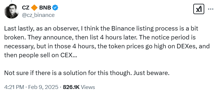 Binance kurucusu Changpeng Zhao'nun konuya ilişkin tweeti.