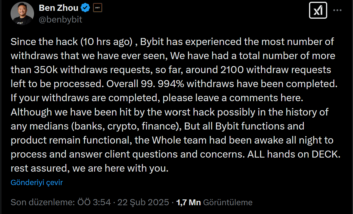 Bybit CEO'su Ben Zhou'nun hack saldırısıyla ilgili paylaşımı