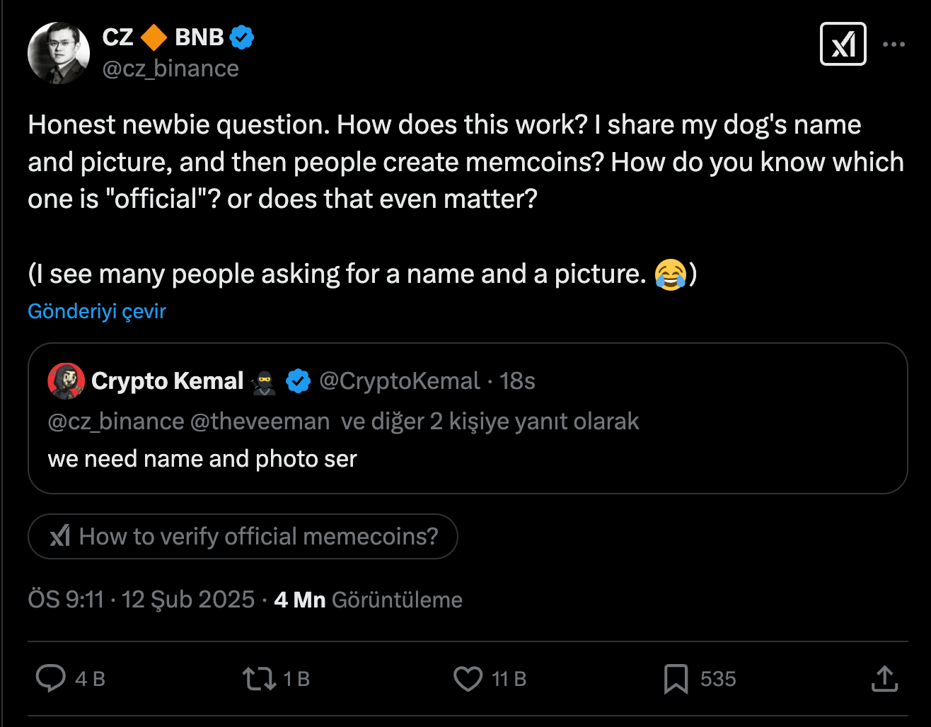 Changpeng Zhao 12 Şubat 2025 tarihinde meme coin ile alakalı şaka amaçlı tweet attı.