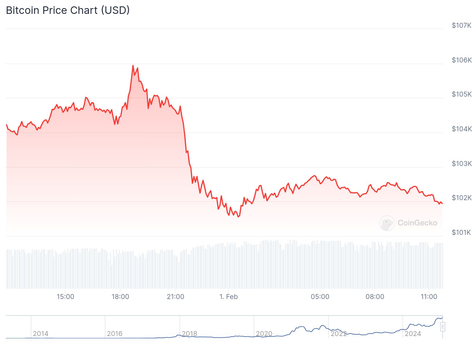 Bitcoin fiyatı sürekli dalgalanmalarla anlık olarak 101,965 dolardan işlem görüyordu. Kaynak: CoinGecko