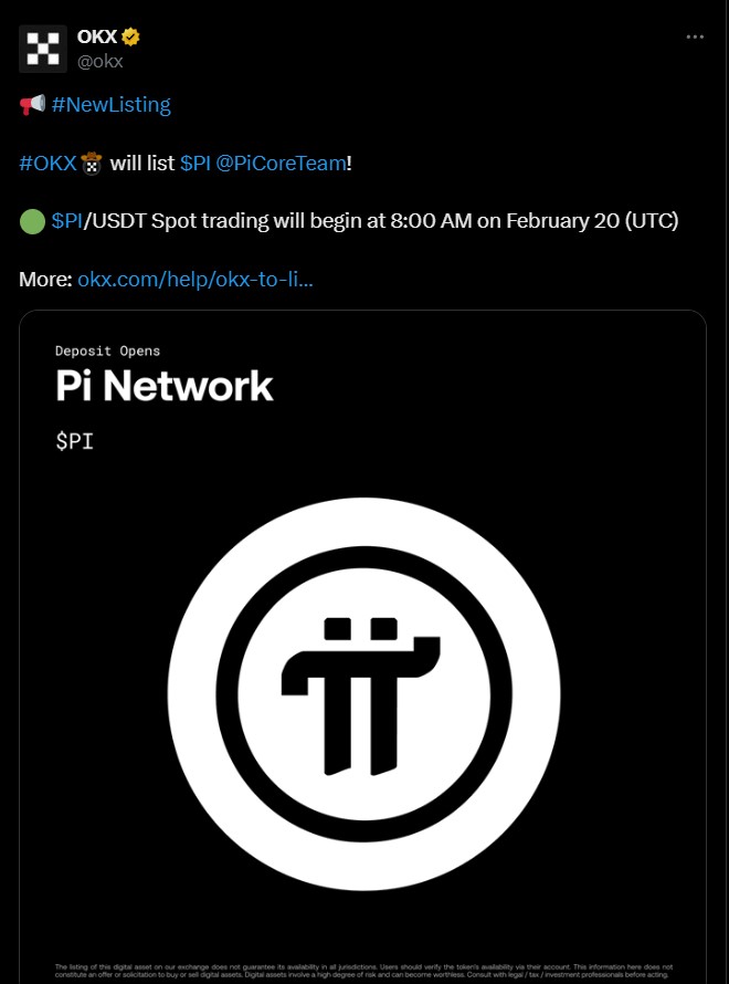 OKX tarafından 12 Şubat 2025 tarihinde paylaşılan Pi Coin listeleme tweeti.