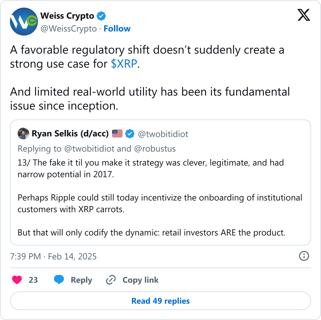 Weiss Crypto'nun XRP kullanımına ilişkin X paylaşımı.