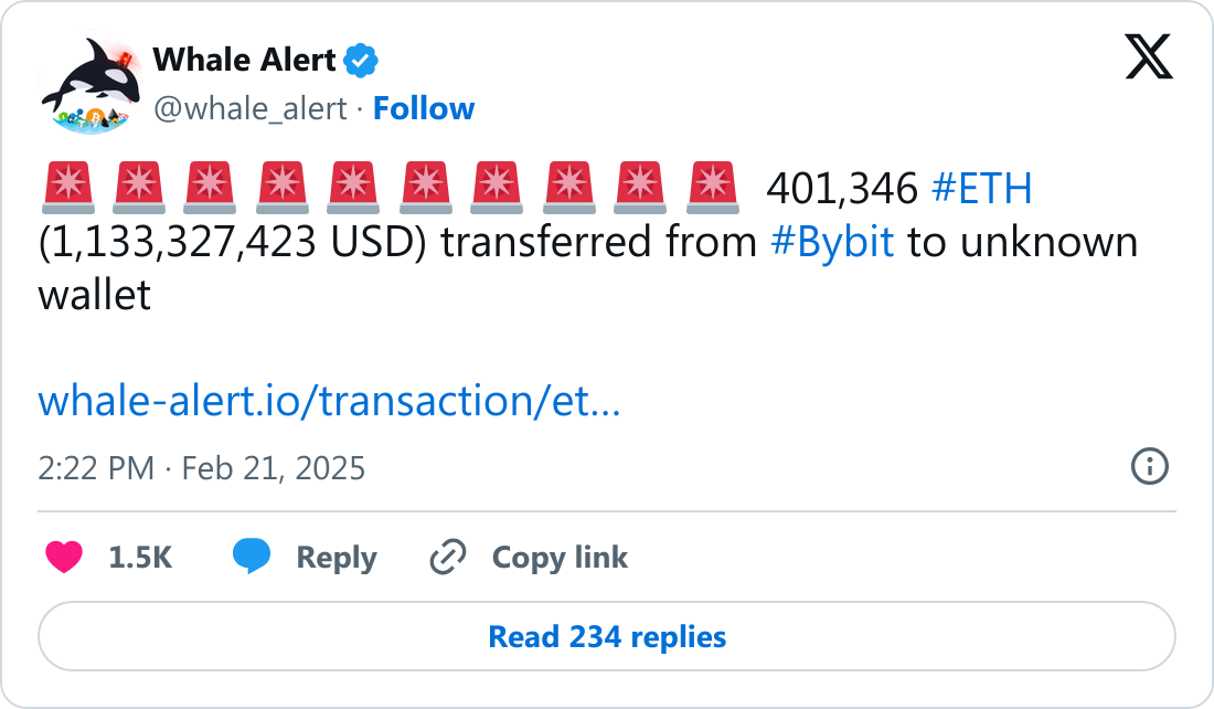 Whale Alert'ın ByBit saldırısıne ilişkin ethereum transfer tespiti.