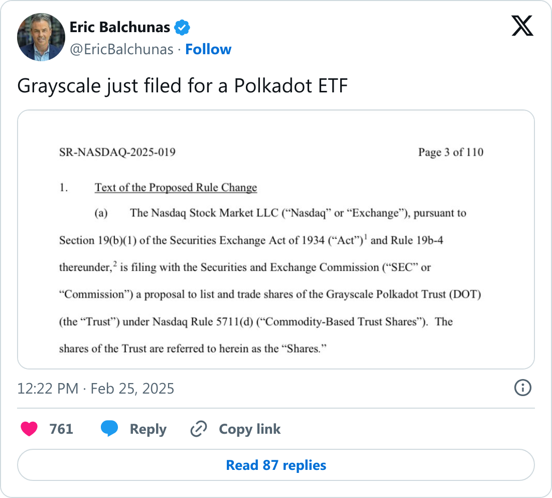 Eric Balchunas'ın Polkadot ETF paylaşımı.