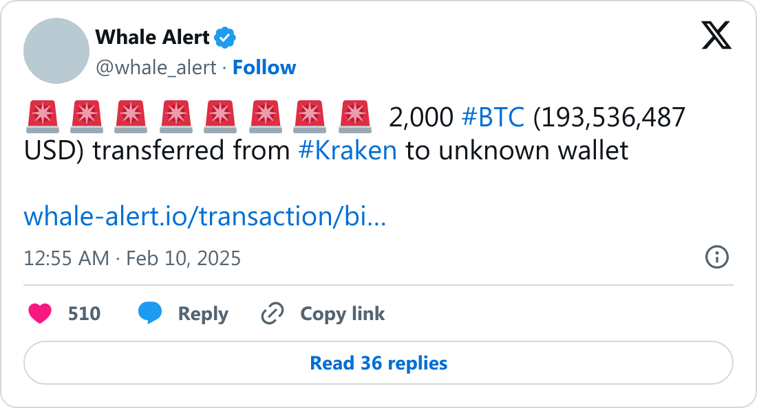 Whale Alert tarafından paylaşılan Bitcoin transfer haberi.