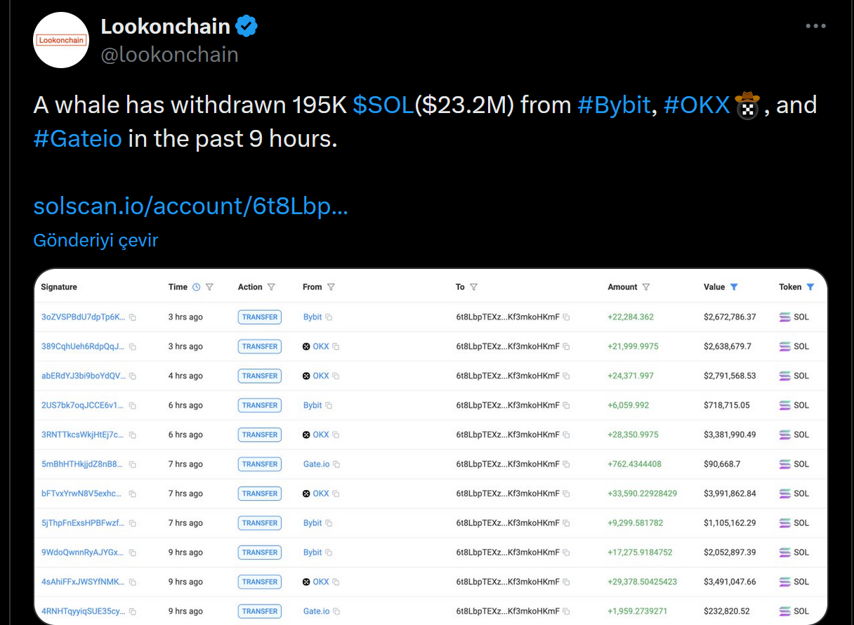 Solana alım verileri. Kaynak: Lookonchain