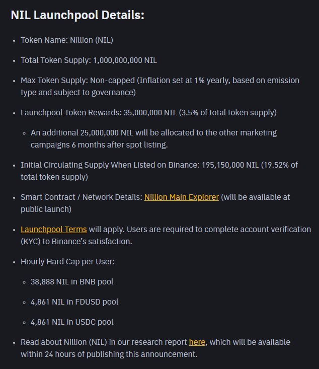 Binance tarafından paylaşılan NIL token launchpad ve airdrop detayları.