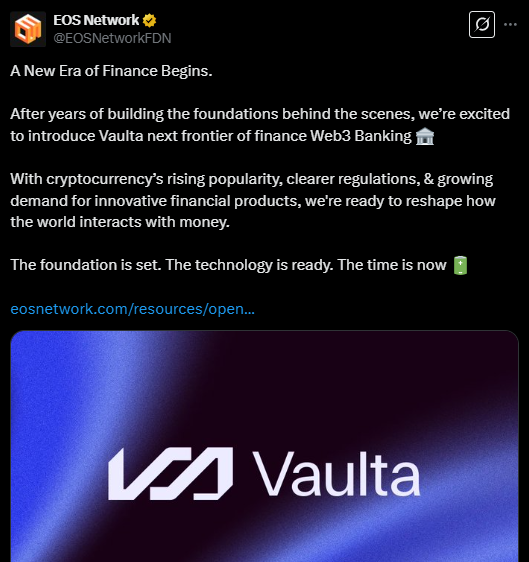 EOS, Vaulta olarak yeniden markalaştığını duyurdu.