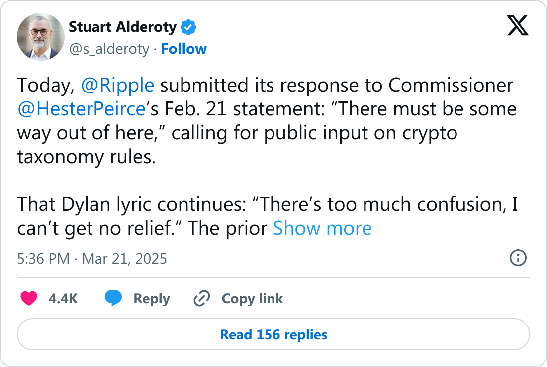 Ripple hukuk sorumlusu Stuart Alderoty tarafından paylaşılan tweet.