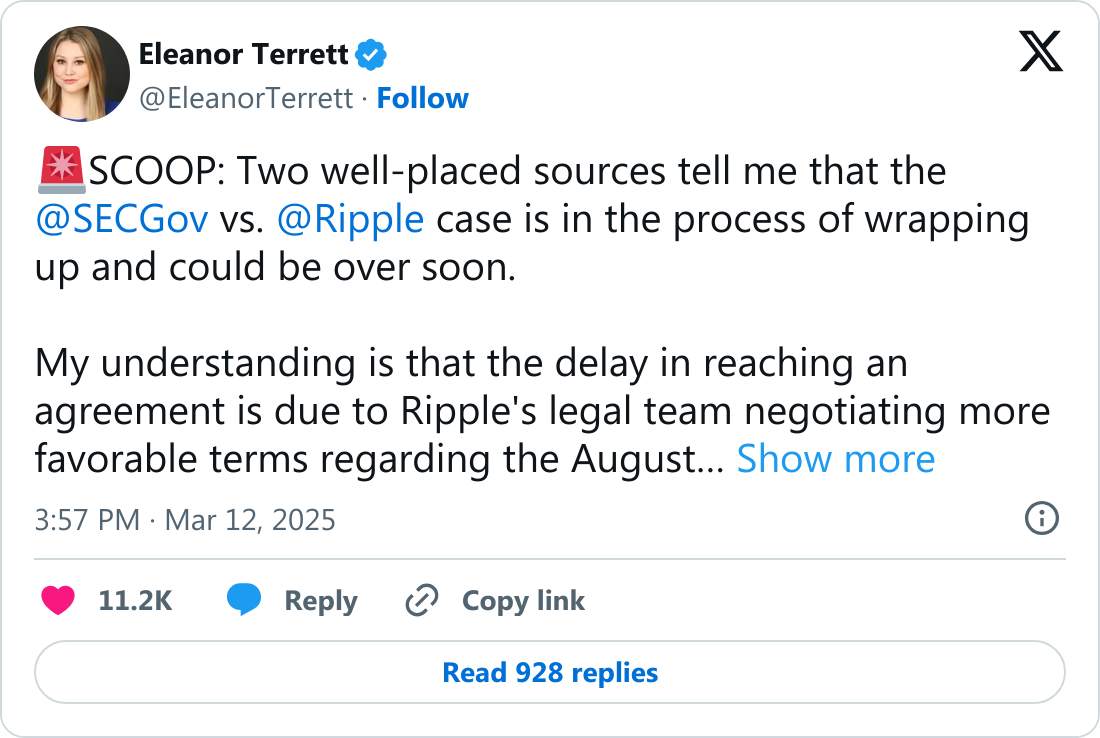 Eleanor Terrett tarafından paylaşılan Ripple ve SEC davası haberi.