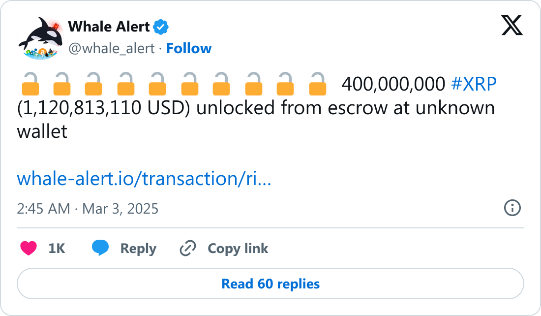 Whale Alert'ın XRP token kilidi paylaşımı.