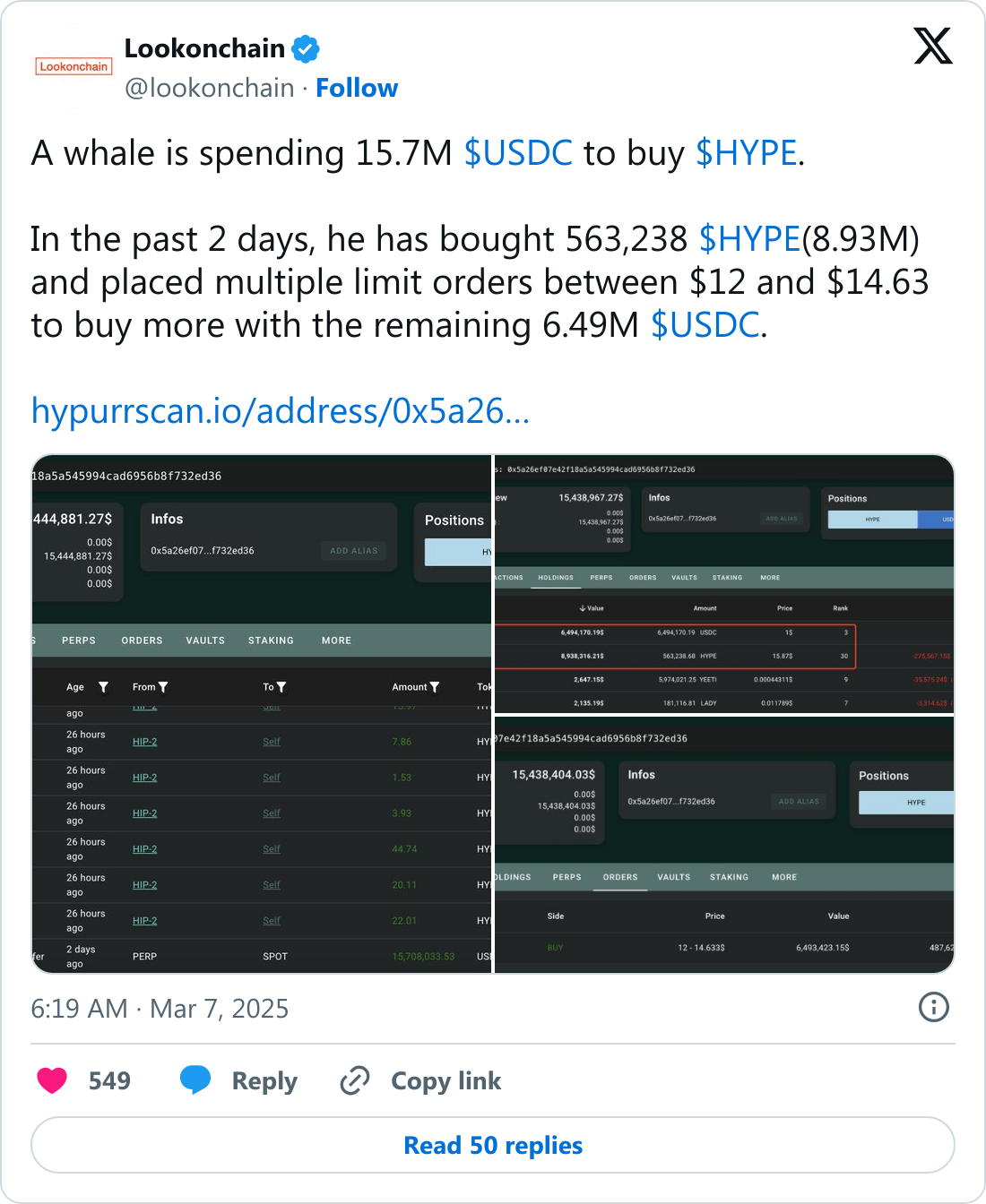 Lookonchain tarafından paylaşılan HYPE alım tweeti.