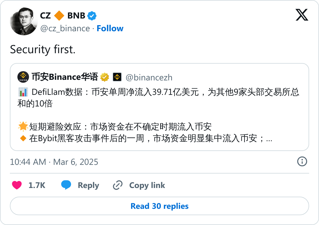 Binance kurucusu CZ'nin tweeti.